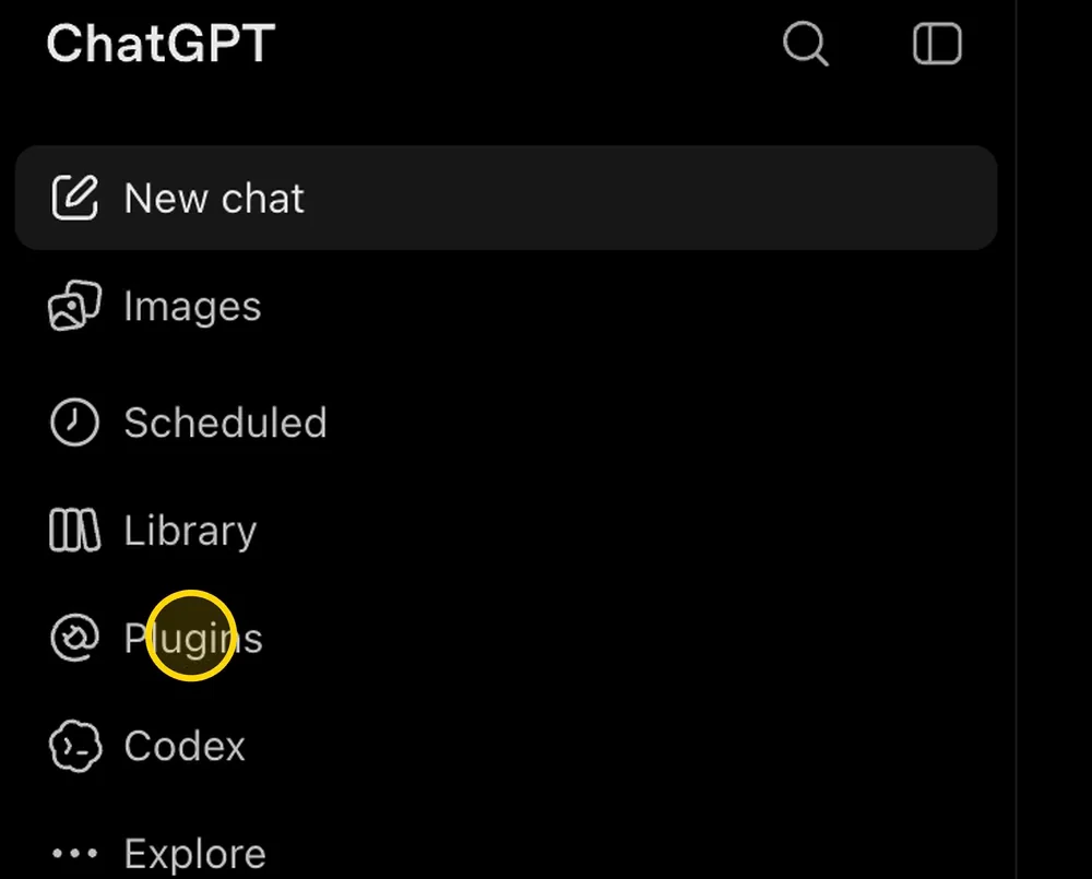 ChatGPT left sidebar with Plugins highlighted