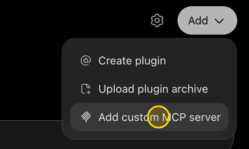 The Add menu open on the Plugins page, showing Add custom MCP server
