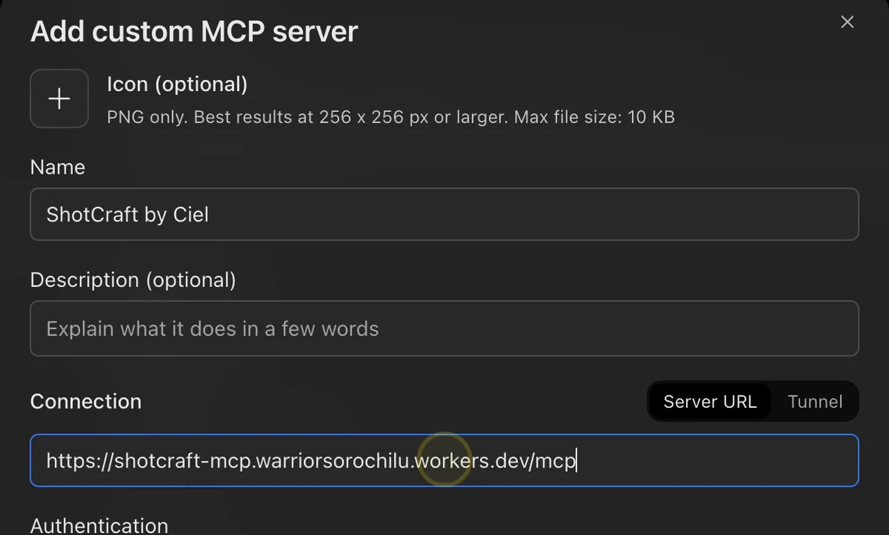 Add custom MCP server form with the link pasted under Connection