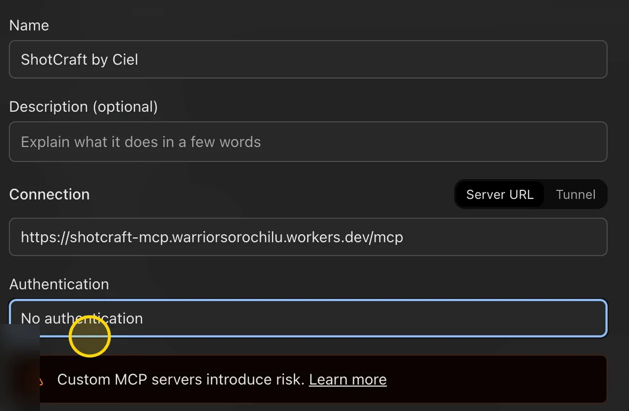 Authentication set to No authentication