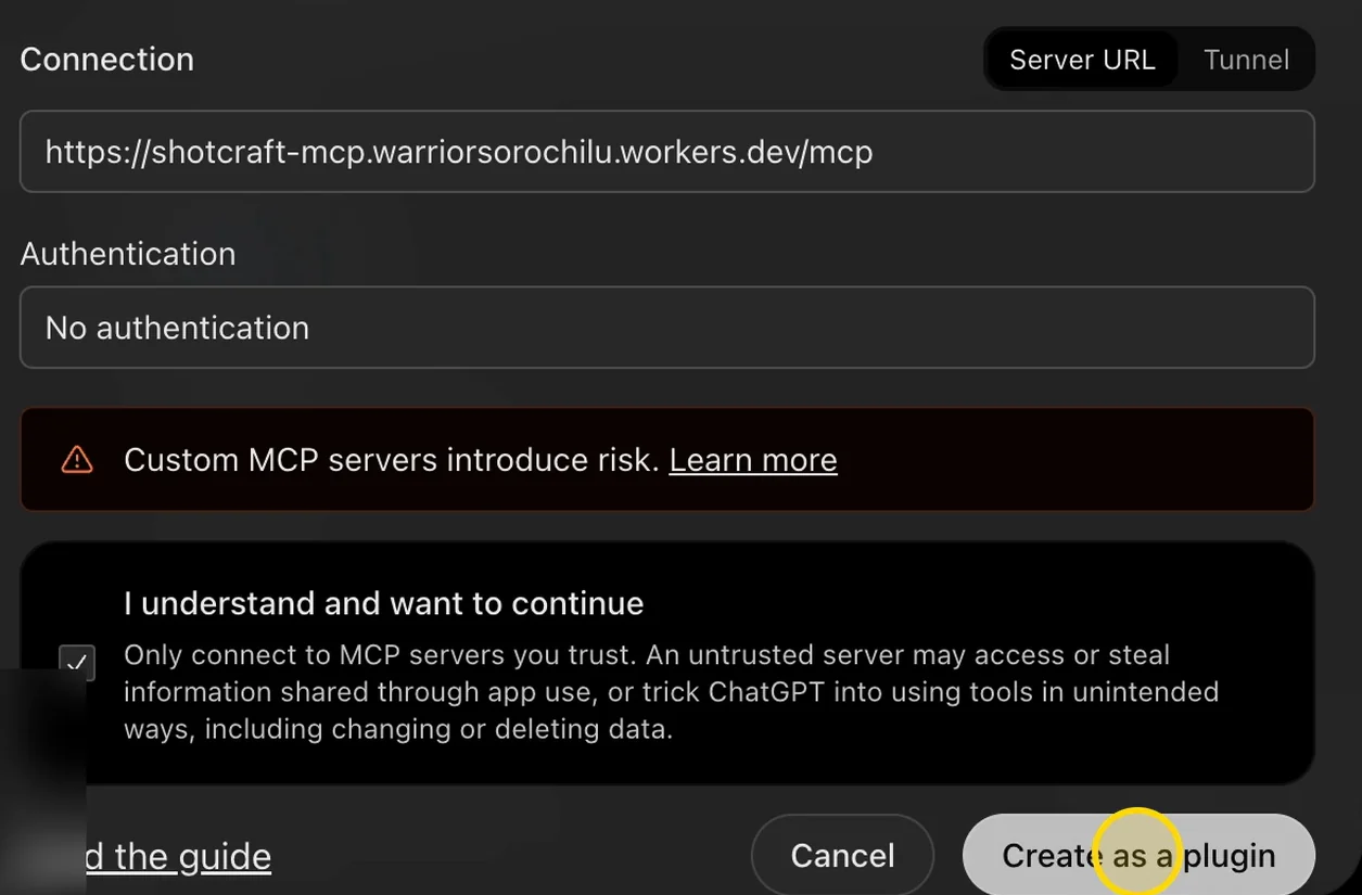 The risk warning, the ticked “I understand and want to continue” box, and the Create as a plugin button