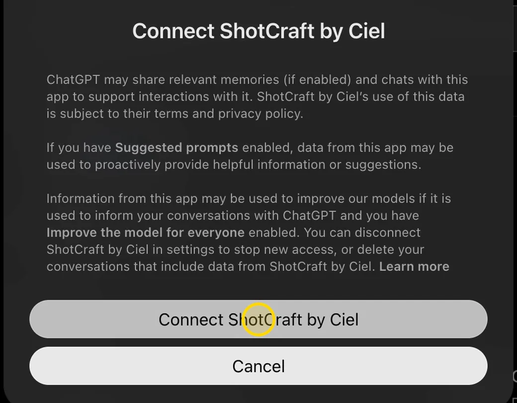 ChatGPT asks to connect the plugin and explains what it may share; the Connect button