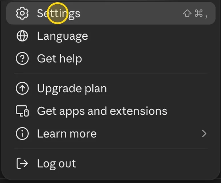 Claude account menu with Settings highlighted
