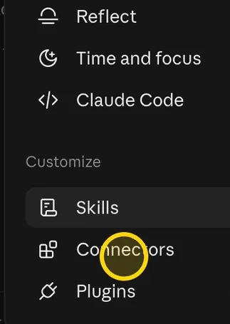 Claude Settings sidebar: Connectors under Customize