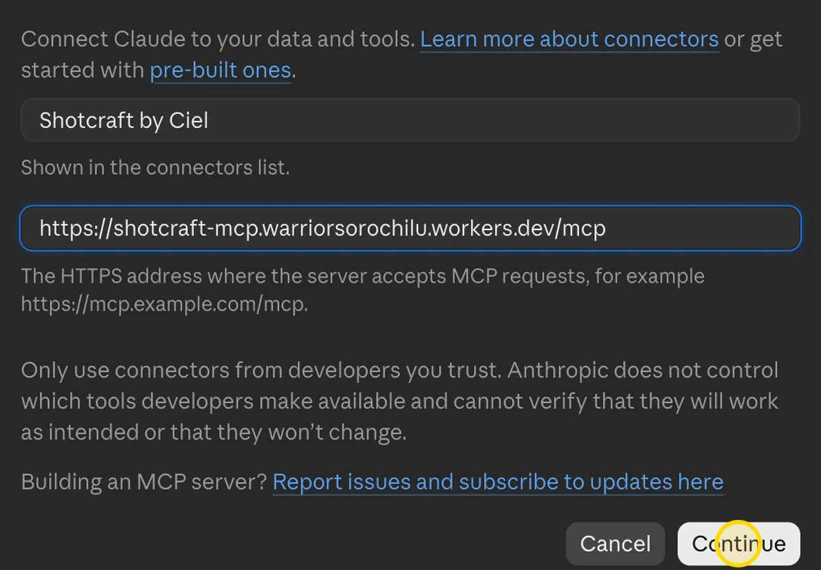 Add custom connector form with the link pasted into MCP server URL, and the Continue button