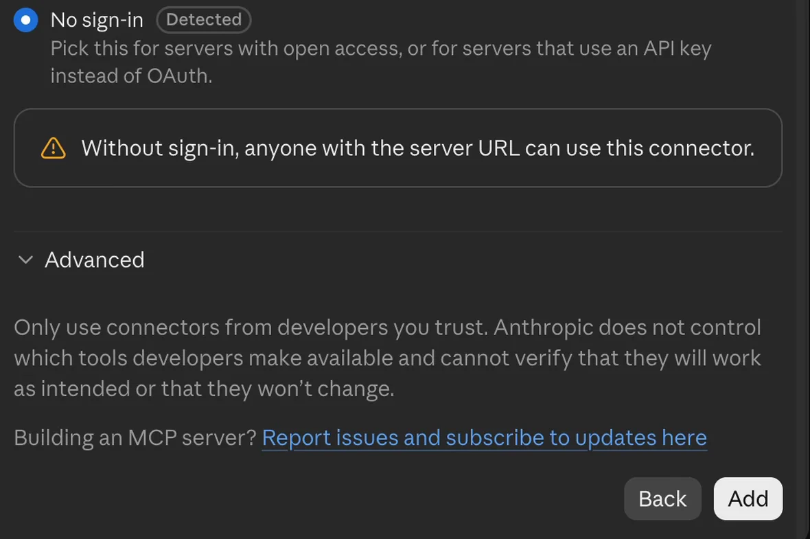Authentication set to No sign-in, with the Add button