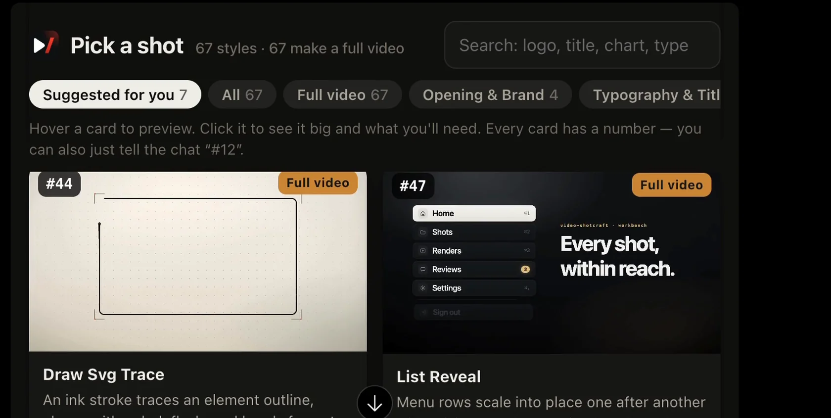 The Shotcraft style picker inside a chat: “Pick a shot”, 67 styles, with preview cards
