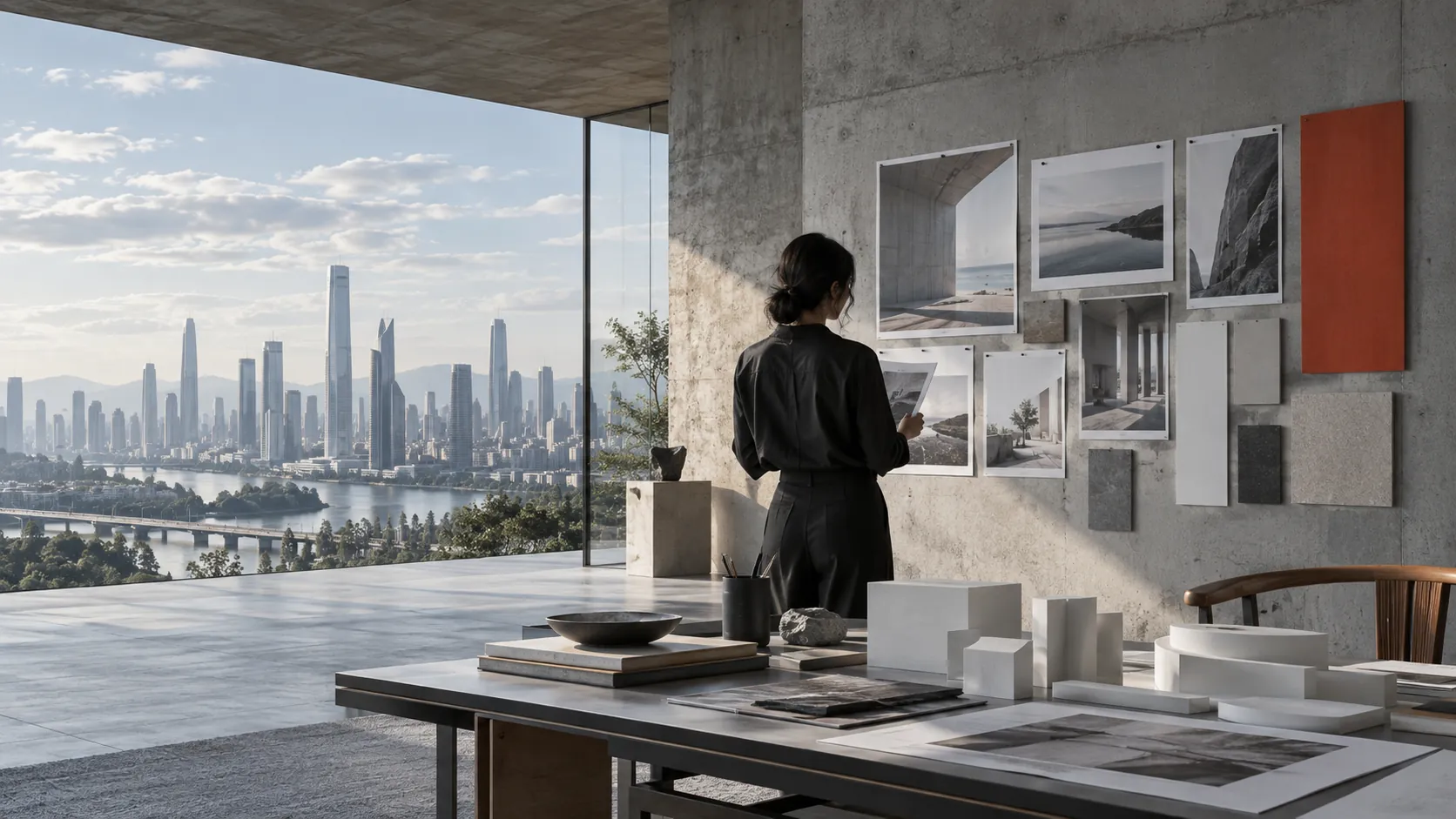 A creative practitioner reviews a wall of selected references in a bright concrete atelier above a city