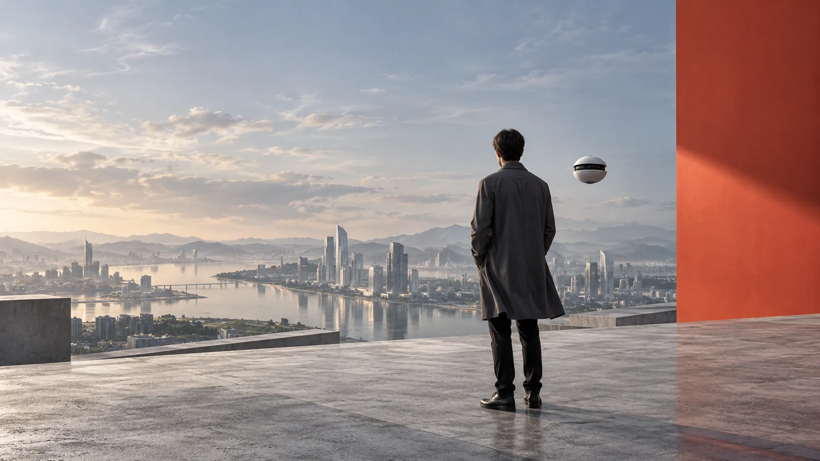 A person on a concrete terrace looks out over a calm glass city, with a small white drone beside them