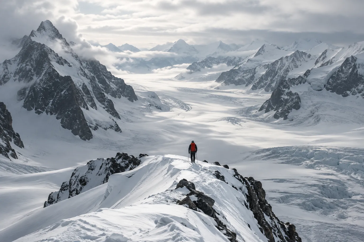 Fictional landscape study: a lone hiker on a snow ridge above a glacier basin