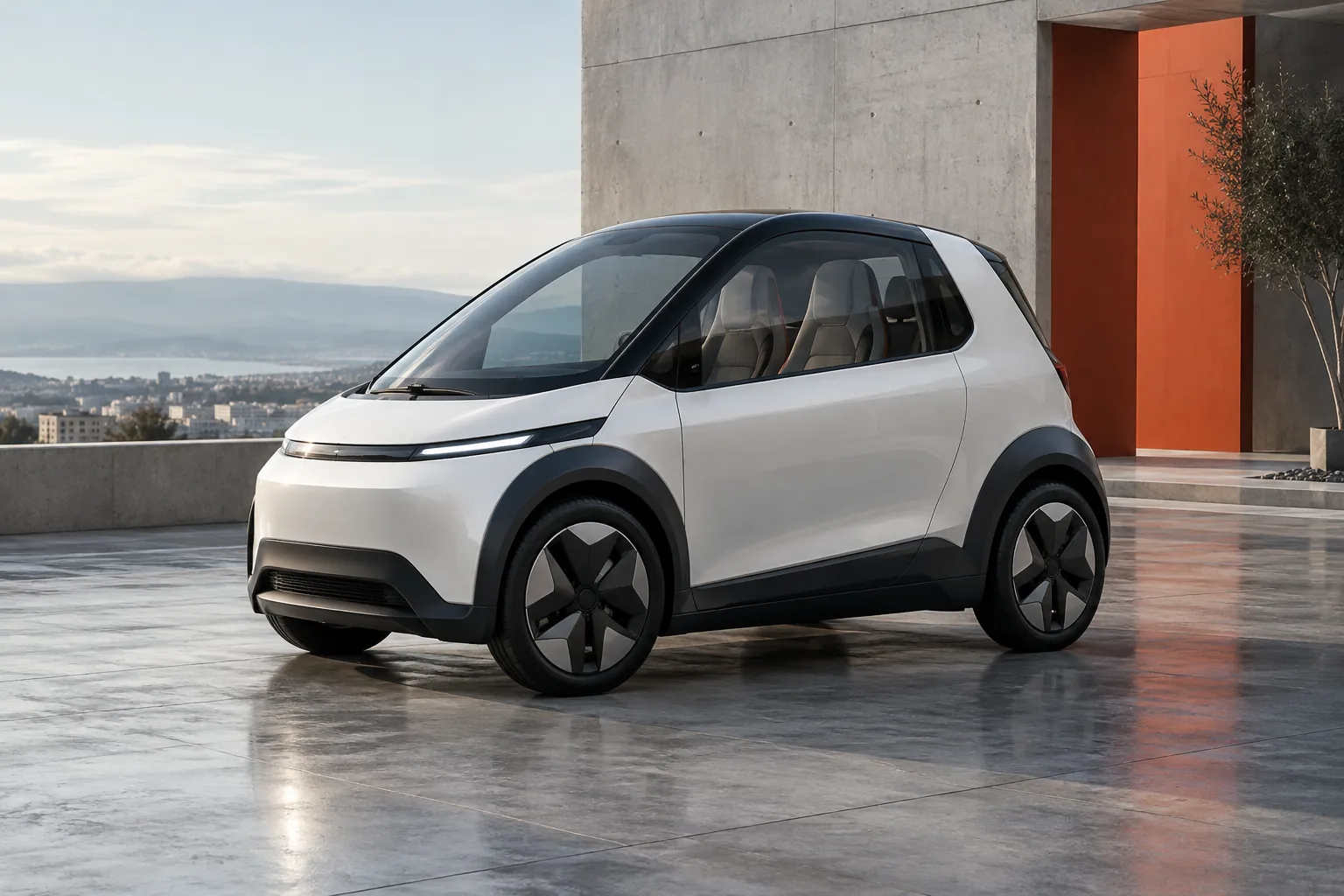 Fictional mobility study: an unbranded white city car on a concrete plaza