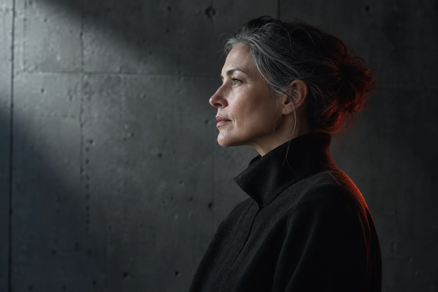 Fictional editorial portrait study: a creative practitioner in profile against concrete