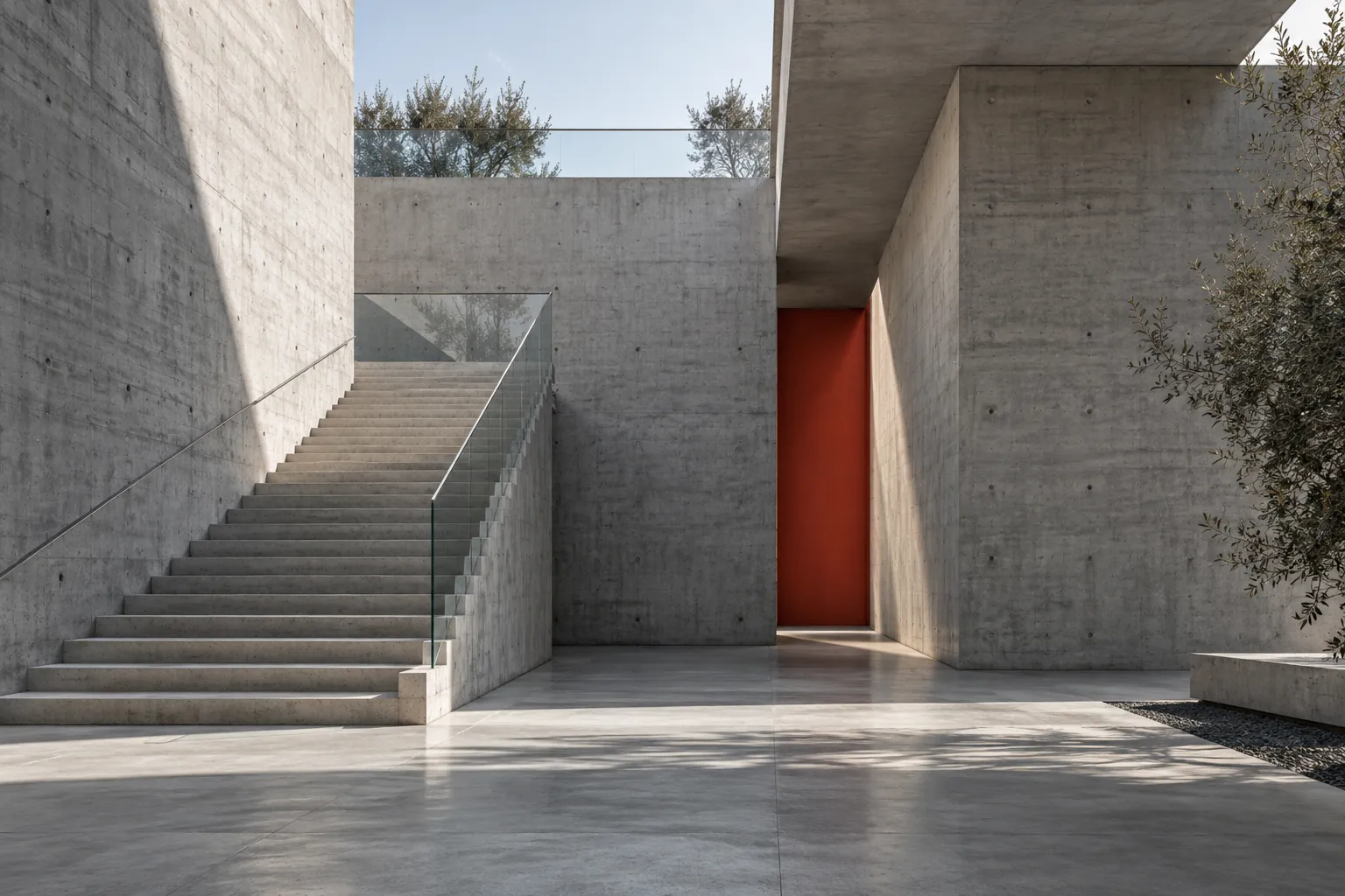 Fictional architectural study: a pale concrete courtyard with a stair and a red inset wall